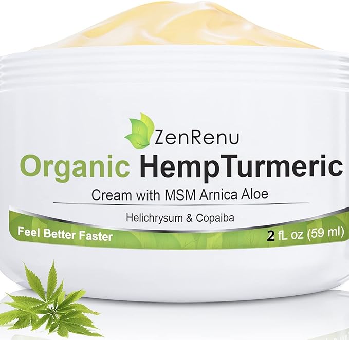 Zenrenu Organic Hemp Turmeric Cream with Arnica MSM Hemp Oil Extract &amp 7 Essential Oils - Non Greasy &amp Fast Absorbing for Any Areas of Discomfort 4 oz