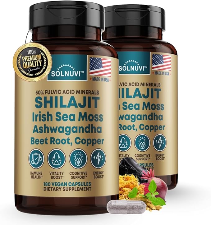 Shilajit Pure Himalayan Organic Capsules with Irish Sea Moss Ashwagandha Copper Beet Root - Fulvic Acid Trace Minerals Supplement for Men &amp Women - 180 Count Non-GMO Gluten-Free