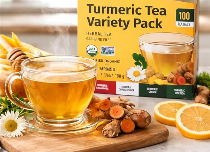 Organic Turmeric Tea Variety Pack – 100 Pyramid Herbal Tea Bags Caffeine Free USDA Organic Non-GMO 4 Flavor Assortment (Turmeric Ginger Citrus Ginger Chamomile Moringa) 6.35 oz