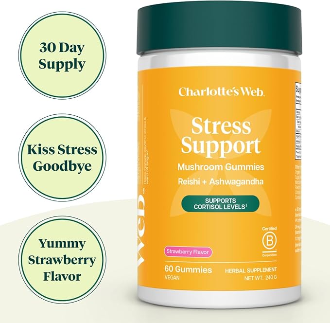 Charlotte's Web Stress Support Mushroom Gummies w/Reishi Ashwagandha Rhodiola Rosea Supplement — Natural Supplement — Strawberry-Flavored Ashwagandha Gummies (30 Servings)