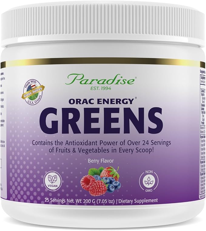 Paradise Herbs ORAC Energy Greens Berry Superfood Powder Over 40000 ORAC Antioxidants Organic Greens Berries Mushrooms &amp Probiotics Non-GMO Gluten-Free 25 Servings