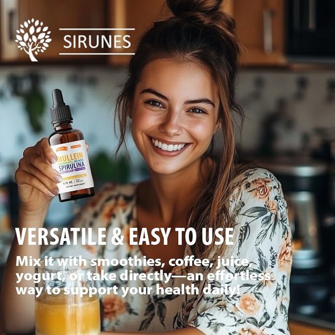 SIRUNES Mullein Herbal Drops with Chlorophyll Irish Sea Moss Spirulina &amp Elderberry – 4 fl oz – Daily Respiratory &amp Immune Wellness Supplement