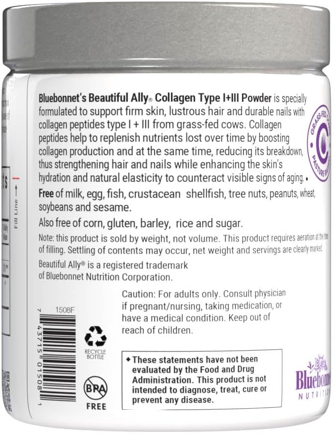 Bluebonnet Nutrition Beautiful Ally Collagen Powder Hydrolyzed Collagen from Grass Fed Cows Collagen Peptides Type 1 &amp 3 Non GMO Gluten Free Soy Free Milk Free 28 Servings Unsweetened 6.9