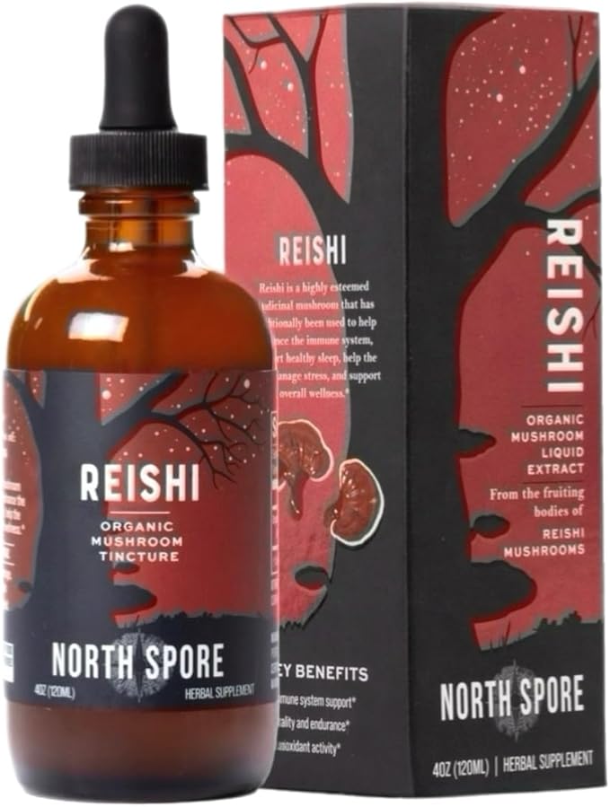 North Spore Reishi Mushroom Extract Tincture | High Potency Organic Ganoderma lucidum 100% Fruiting Bodies | Non-GMO Vegan - 4oz