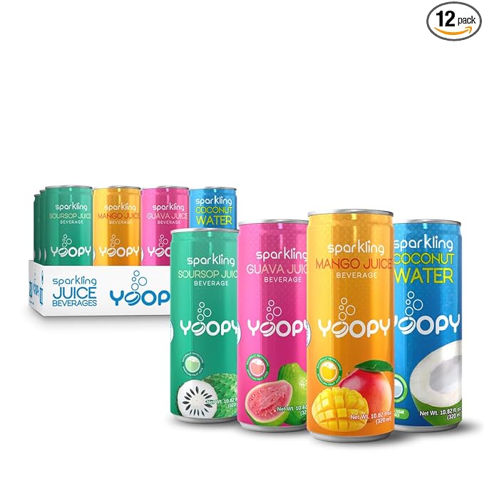 Yoopy Sparkling Fruit Juices Variety Pack – 12 Cans (10.82 fl oz Each) – with 55% Real Juice – Tropical Flavours Naturally Refreshing