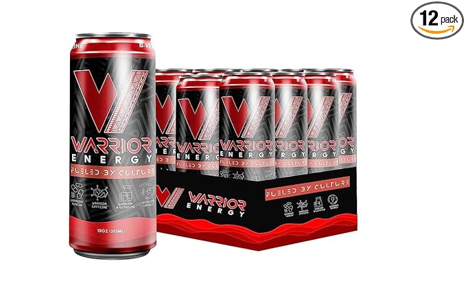 Warrior Energy Drink Regular Sugar - Fuel Your Day with our Low-Calorie High-Energy Boost Packed with B-Vitamins Balanced Caffeine &amp Unique Taste - 12oz 12-pack
