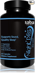 Saba Night Bliss Natural Sleep Aid | Non-Habit Forming | Sleep Supplement for Longer Sleep &amp Stress Relief w/Magnesium Melatonin GABA Chamomile &amp Valerian (60 Vegan Capsules 30 Day Supply