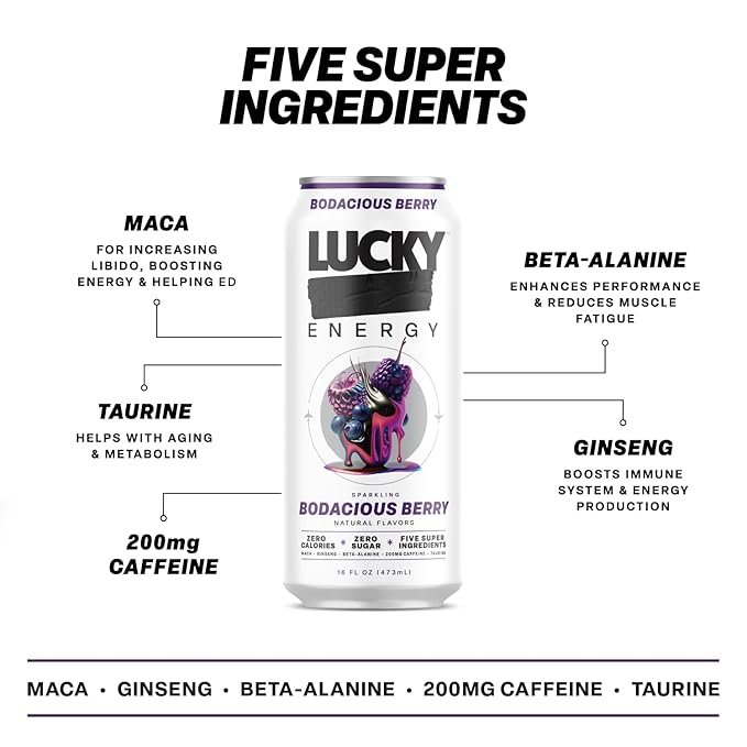 Lucky Energy Sugar Free Energy Drinks Bodacious Berry 16oz Cans (12-Pack) Healthy Zero Sugar Energy Drink with Maca Ginseng Beta-Alanine Taurine &amp 200mg Caffeine
