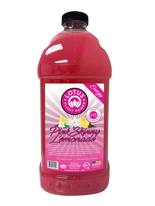 Skinny Pink Lotus Energy Lemonade Drink Concentrate | Made with real lemons | Low Sugar | 64 fl oz | 1:5 Energy Concentrate | Natural Caffeine from Green Coffee Bean