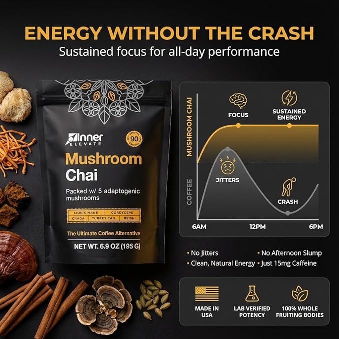 Inner Elevate Mushroom Chai - Ultimate Coffee Alternative - Adaptogenic Mushroom Tea Drink with Lion's Mane Cordyceps Chaga Reishi Turkey Tail (90 Servings)