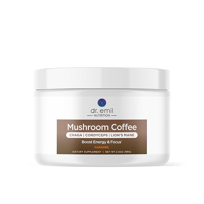 Dr. Emil Mushroom Coffee for Focus &amp Energy - Instant Coffee with Lions Mane Chaga &amp Cordyceps - Delicious Caramel Flavor &amp Potent Mushroom Powder Blend