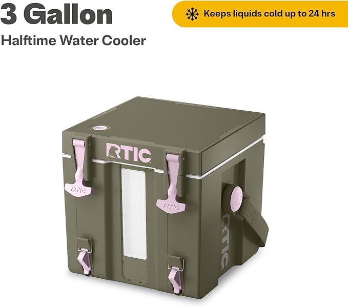 RTIC Halftime Water Cooler 3 Gallon Portable Carrier Container Drink Beverage Dispenser Stackable with 2 Taps Bottleless BPA-Free for Sports Camping BBQ Parties Picnic Olive/Pale Pink