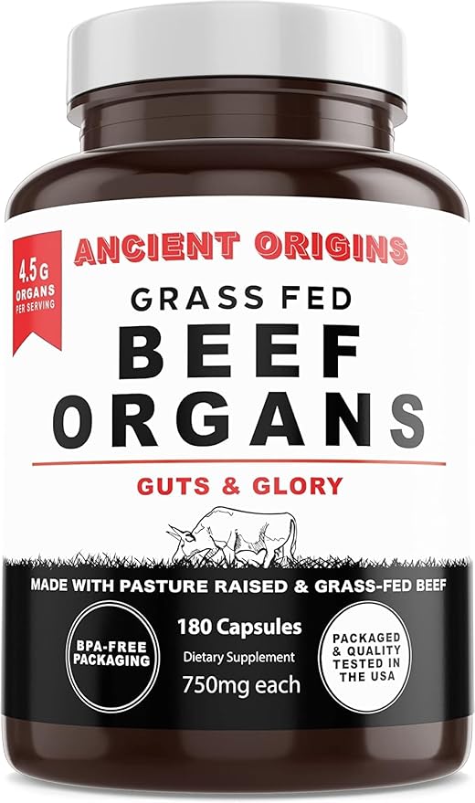 Grass Fed Beef Organs Supplement 4500mg - Desiccated Liver Bone Marrow Heart Spleen Pancreas &amp Kidney Non-GMO Gluten Free Undefatted by Ancient Origins (180 Capsules 750mg Each)