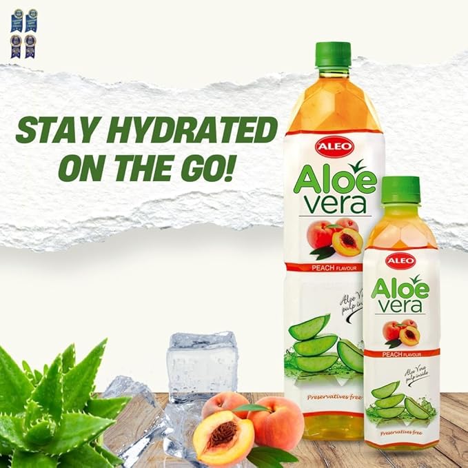 ALEO 0.5L x 24 Premium Peach Aloe Vera Drink - Natural No Preservatives No Artificial Colors Superior Taste Award 2025