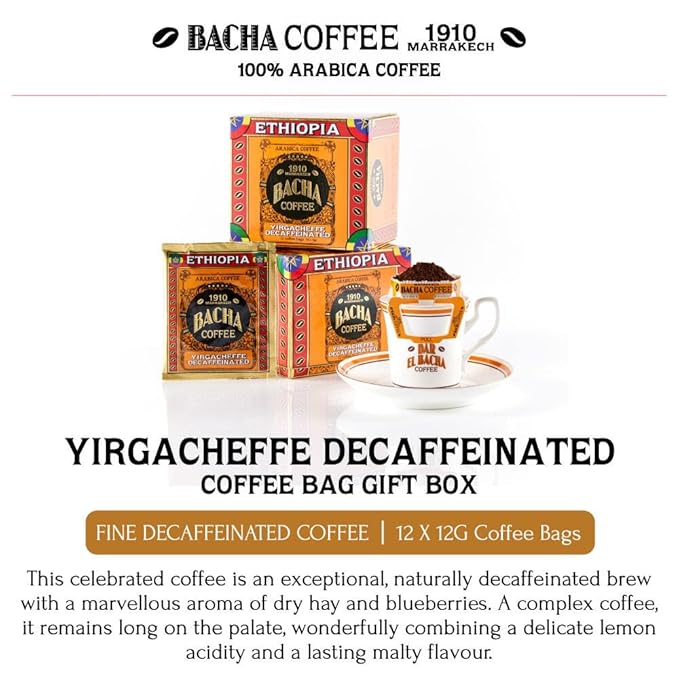 Bacha Coffee | Yirgacheffe Decaf Ethiopia Single Origin Medium Dark Roast 100% Arabica Specialty Coffee 12 Coffee Drip Bags Gift Box