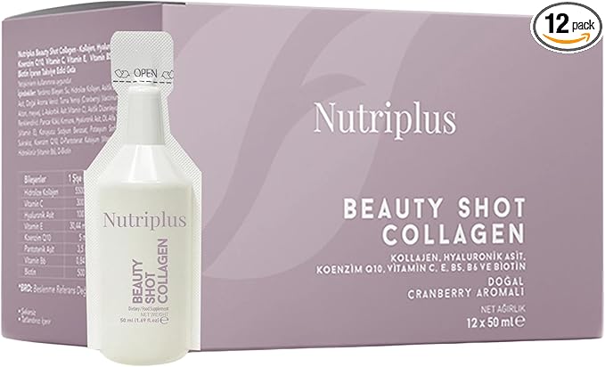 FARMASi Nutriplus Beauty Shot Collagen – Type I &amp III Collagen with Hyaluronic Acid Biotin &amp Vitamins Sugar-Free Cranberry Flavor 1.69 fl oz x 12 Shots