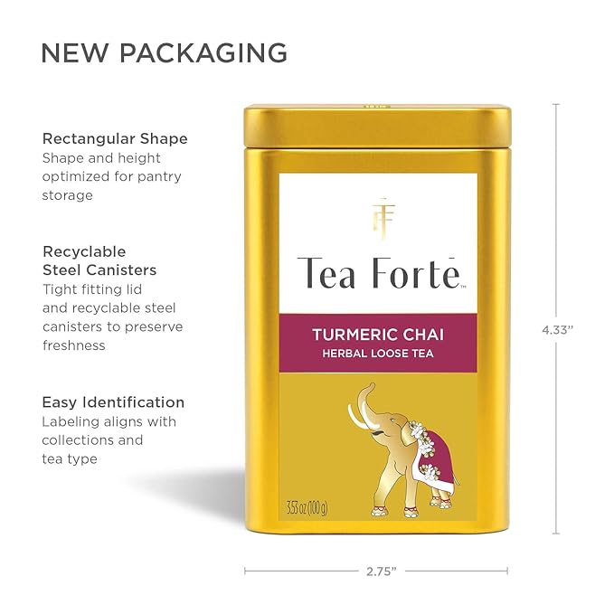 Tea Forte Turmeric Chai Premium Loose Leaf Caffeine-Free Herbal Tea Blend Canister Makes 35-50 Cups