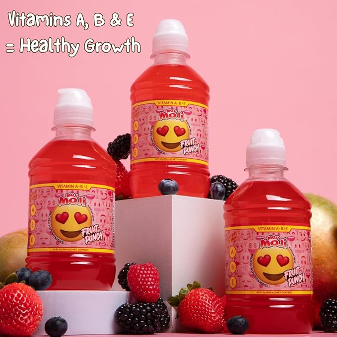 MOJI-MOJI Kids Vitamin Drink – with Vitamins A B &amp E Fun Emoji Bottles 4 Flavors Sports Cap Spill-Resistant 10.1 Fl Oz Pack of 24 (10.1 Fl Oz Watermelon Strawberry)