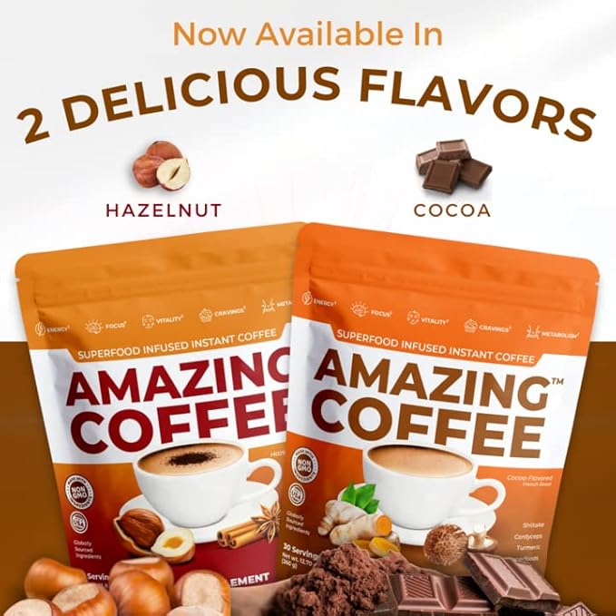 Superfoods Company | Amazing Coffee - Instant French Roast | Adaptogenic Mushrooms Superfoods infused - Energy Focus Digestion Immunity - 60 Servings - Cocoa Flavor