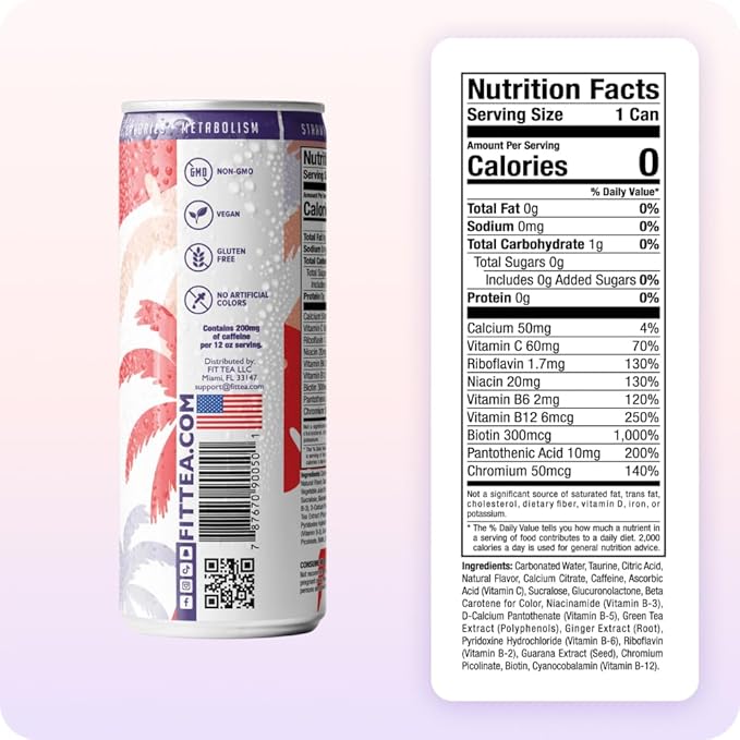 FitTea Healthy Energy Drink 12 Fl Oz - Strawberry Açai Sparkling Refresher (12 Pack) Natural Green Tea Energy Drinks Sugar Free