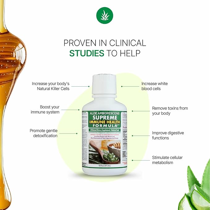 Supreme Immune Health Formula - Organic Aloe Arborescens Juice with Raw Honey - Clinically Proven Immune Support for Adults &amp Kids - Herbal Supplement - 16oz