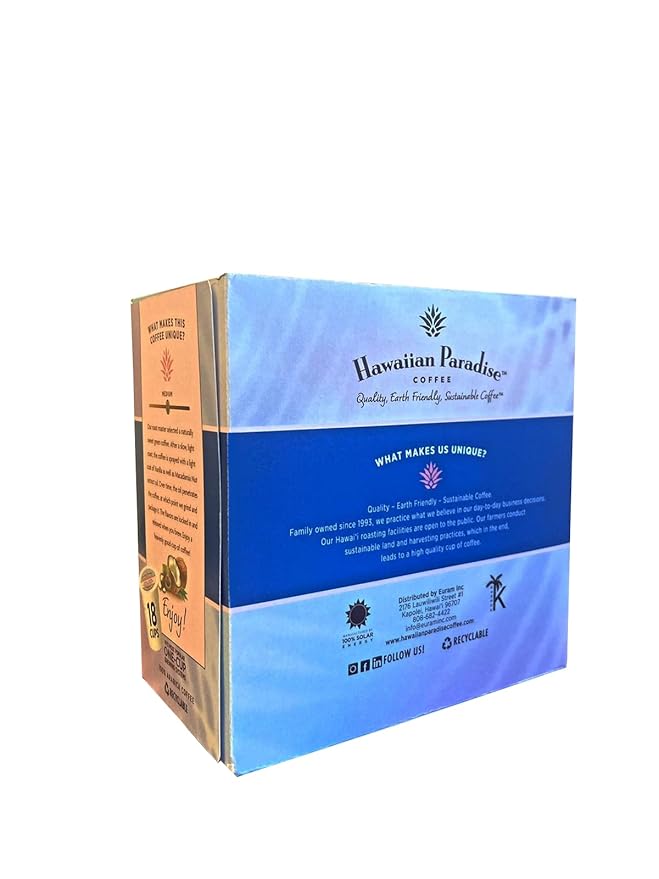 Hawaiian Paradise Coffee Luau Latte Coconut &amp Macadamia Nut Flavor Single Serve Cups (18 Cups) – Medium Roast with an Amazing Aroma – Compatible with Keurig K-Cup Brewers