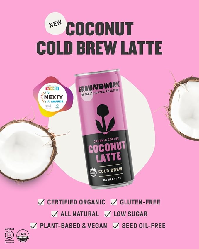 Groundwork Organic Coffee - Coconut Cold Brew Latte - 8 Fl Oz Cans (12 Pack)