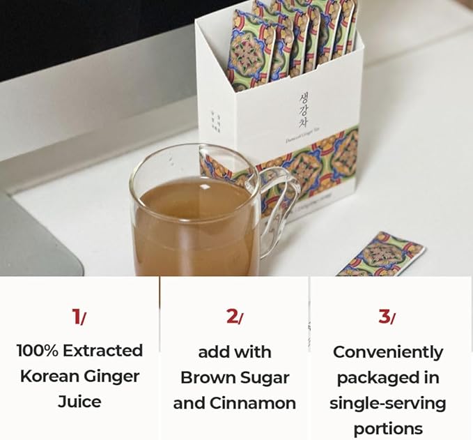 Korean Ginger Root Extract Tea Stick (0.88 oz × 20 Sticks Total) – Pack of 2 Squeezed Ginger Concentrate Herbal Instant Beverage for Hot &amp Cold Remedy for Cough No Preservatives