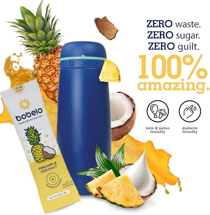 Bobelo Self Carbonating Hydration Packets | Low Calorie Drink Mix Electrolytes Powder Packets | Keto Friendly Sugar Free | Soda &amp Sparkling Water Alternative | Pineapple Coconut 30ct