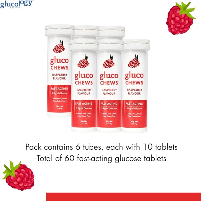 Fast Acting Glucose Tablets Glucochews Raspberry 60 Count (10 tablets per Tube 6 Pocket-Sized Tubes) Boosts Energy Supports Blood Sugar Gluten-Free Caffeine-Free Colouring-Free