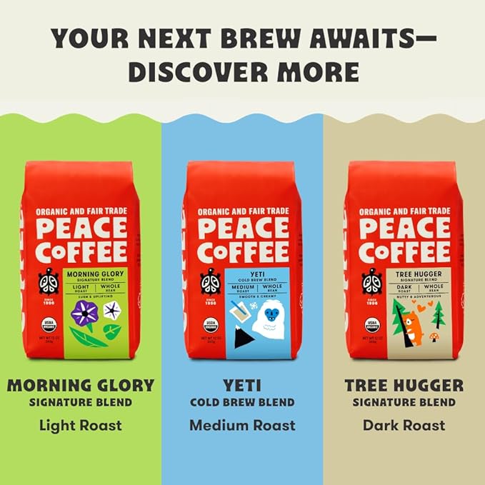 Peace Coffee Birchwood Breakfast Blend Ground Medium Roast Coffee 5 lb Organic Fair Trade Smooth Mild Flavor Shade Grown Fresh Roasted