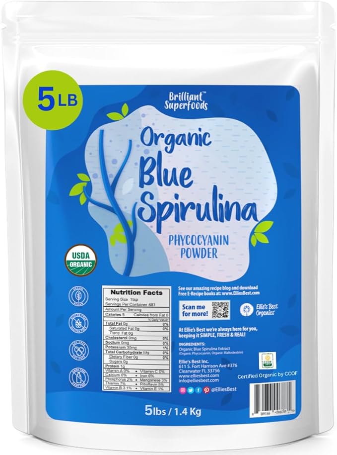 Ellie's Best Organic Blue Spirulina Powder Superfood Supplement - 5LB Bulk - Odorless - Vegan Non GMO Gluten-Free Dairy-Free Brilliant Blue Food Coloring - Pure Water Extracted