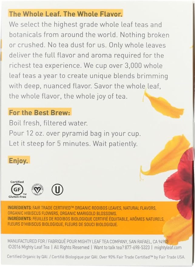 Mighty Leaf Organic African Nectar Rooibos Herbal Tea – 45 Count (3 Packs of 15 Silken Tea Bags) – Fruity &amp Floral Caffeine-Free Blend – Premium Whole Leaf Herbal Tea for Hot or Iced Brewing