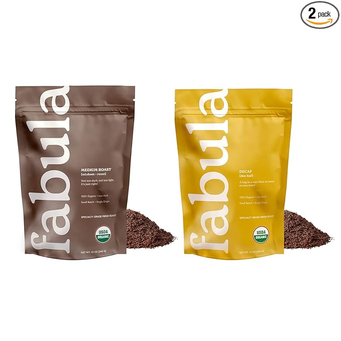 Fabula Organic Coffee Freshly Grounded - Medium and Decaf Dark Roast - 2 Bag Bundle