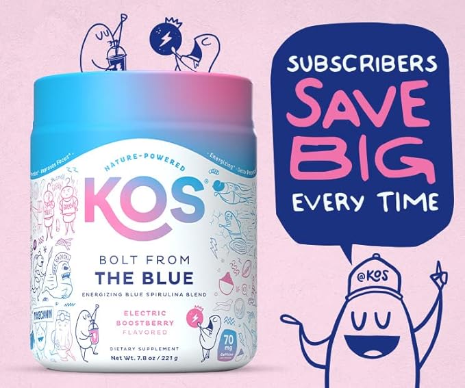 KOS Energizing Blue Spirulina Blend - USDA Certified Organic - B Vitamins Ashwagandha Ginseng Adaptogens Biotin - Vegan Pre Workout Powder - Caffeinated Berry Flavored 28 Servings