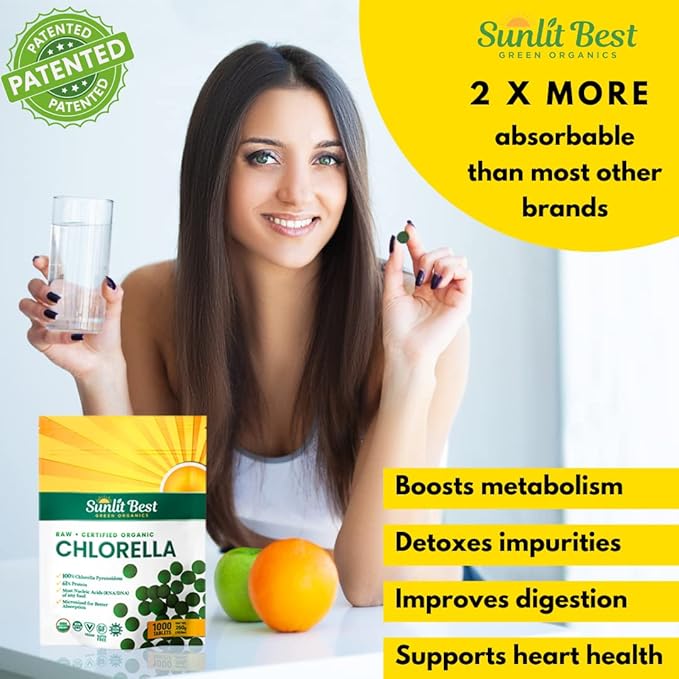 Sunlit Best USDA Organic Premium Chlorella Tablets 1000 Count | 100% Pure Chlorella Superfood Supplement High in Protein Chlorophyll Vitamins &amp Minerals | Supports Good Health Wellbeing