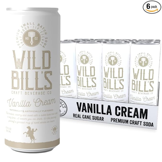 Wild Bill's Vanilla Cream Soda Classic Craft Soda Pop Soft Drinks Sodas Made with Pure Cane Sugar Caffeine Free NO High Fructose Corn Syrup Gluten Free Vegan Low Sodium 12 Oz 12 Pack