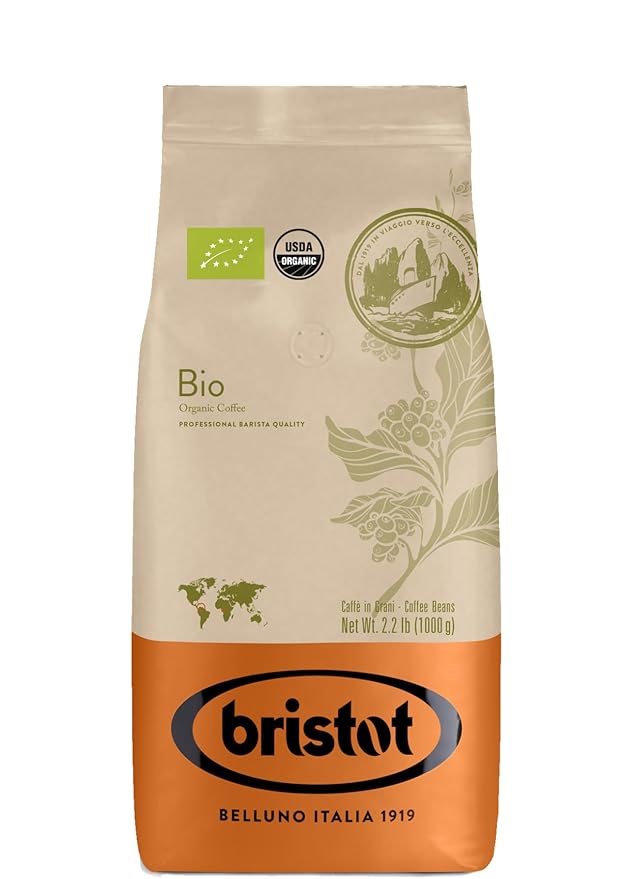 Bristot Bio Organic Italian Whole Espresso Beans – Medium Roast Coffee – Smooth &amp Aromatic with Notes of Spices Caramel &amp Sandalwood – 2.2 lb (1kg) Certified USDA Organic