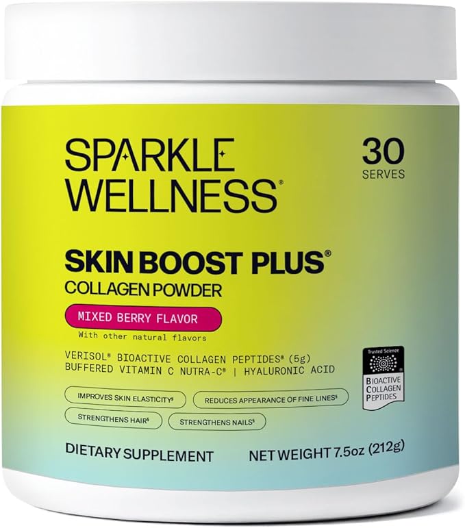 Sparkle Wellness VERISOL Bioactive Hydrolyzed Collagen Peptides | Collagen Powder with Vitamin C &amp Hyaluronic Acid for Hair Skin and Nail Health | Skin Boost Plus (Mixed Berry) [30-Serves]