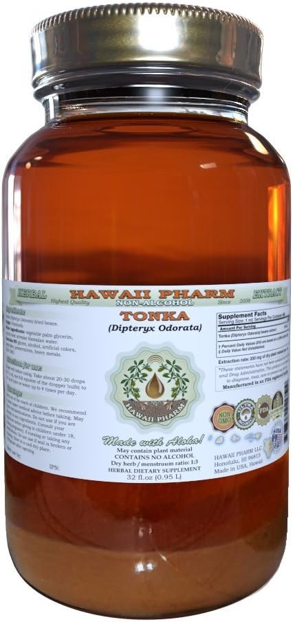 Tonka Alcohol-Free Liquid Extract Tonka (Dipteryx odorata) Dried Beans Glycerite Natural Herbal Supplement Hawaii Pharm USA 32 fl.oz