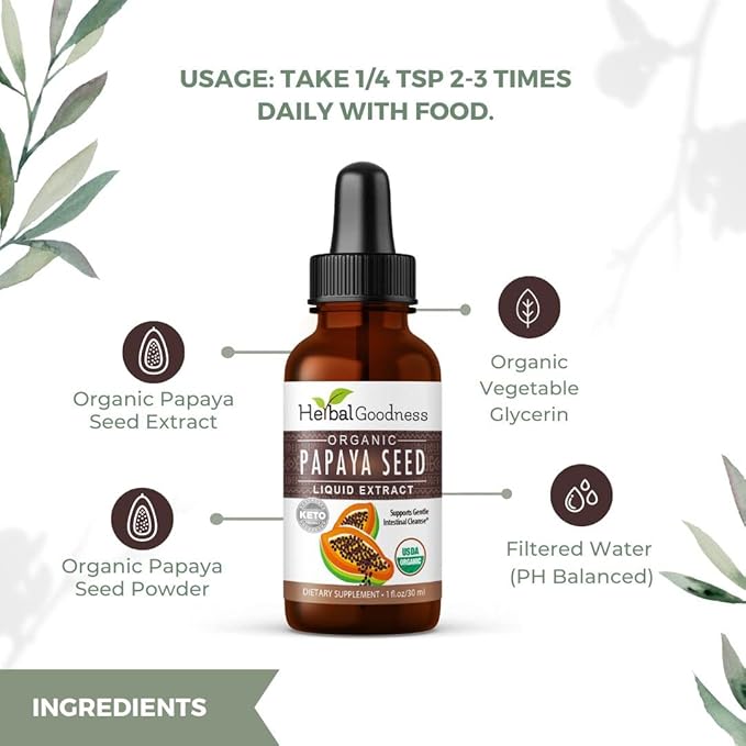 Herbal Goodness Papaya Seeds Digestive Enzymes 1oz -Organic Papaya Seed Extract for Gut &amp Digestive Health | Detox Cleanse Support Non GMO Gluten-Free Raw Unprocessed for High Potency