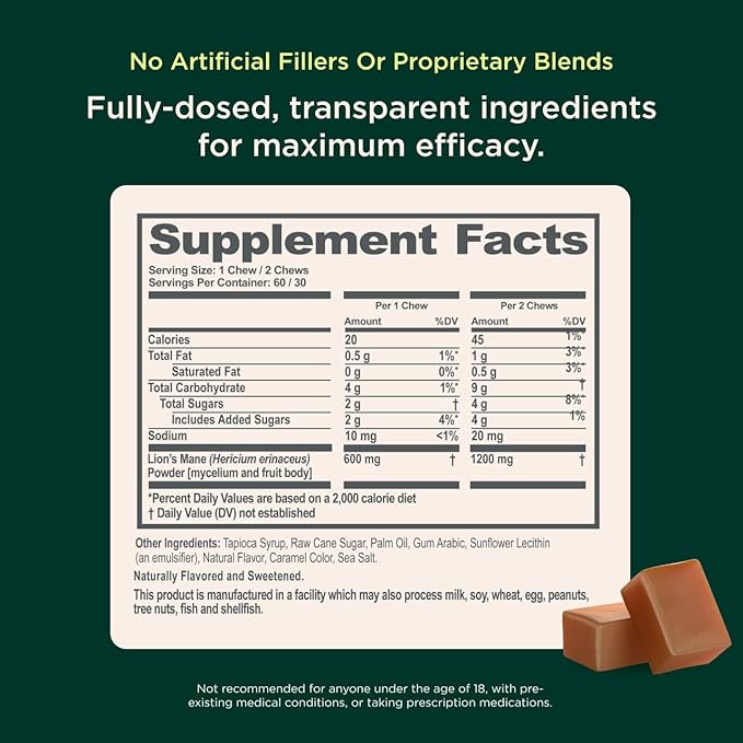 The Genius Brand Genius Lion's Mane Chews - Plant-Based Supplement for Memory Focus &amp Mood Support - Organic &amp Non-GMO - Salted Caramel - 60 Chews