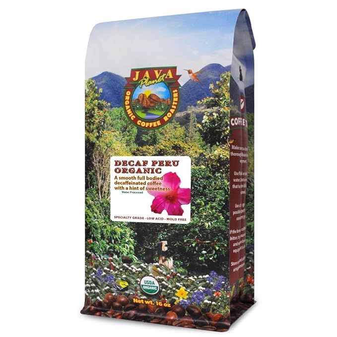 Low Acid Organic Coffee – Whole Bean Mold-Free &amp Stomach Friendly by Java Planet Peruvian Single Origin Decaf Coffee Medium Dark Roast Water Process Smooth Full Flavored 1LB Bag