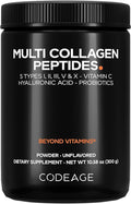 Codeage Multi Collagen Peptides Powder + Probiotics Black Edition Vitamin C Hyaluronic Acid Powder Supplement Grass-Fed Hydrolyzed Zero Carbs Type I II III V &amp X Unflavored 10.58oz