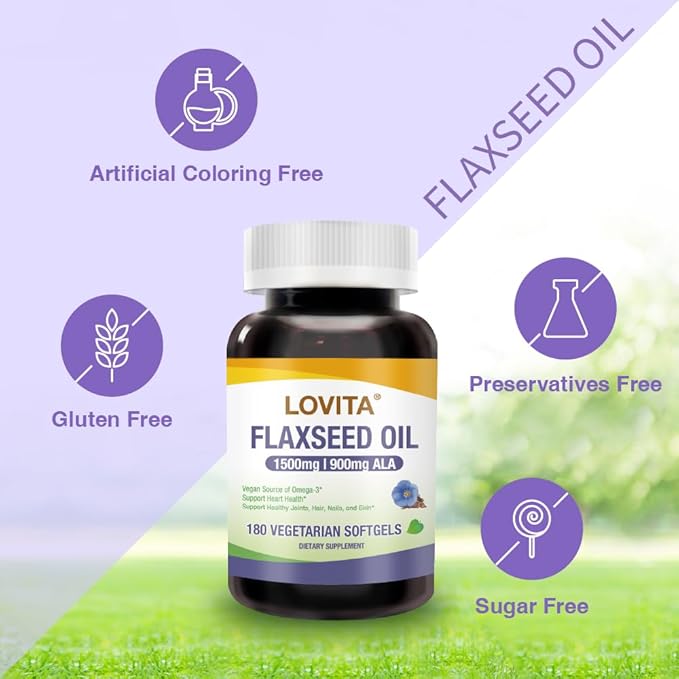 LOVITA Vegan Flaxseed Oil 1500mg with 900mg ALA Omega-3 6 9 Cold-Pressed Flax Seed Supplement Support Heart Brain Joint &amp Skin Health Non-GMO &amp Gluten Free 180 Softgels