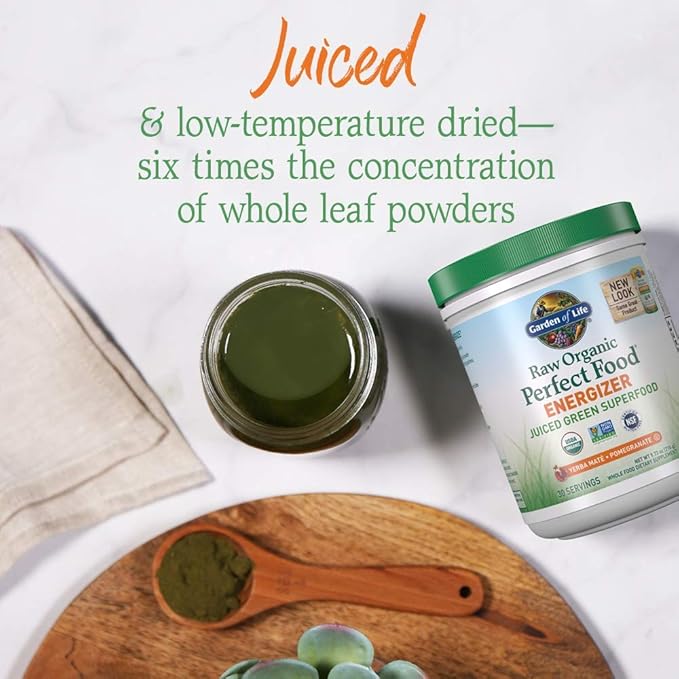 Garden of Life Raw Organic Perfect Food Energizer Juiced Green Superfood Powder - Yerba Mate Pomegranate 30 Servings Green Superfood Powder &amp Probiotics Gluten Free Whole Food Greens Supplement