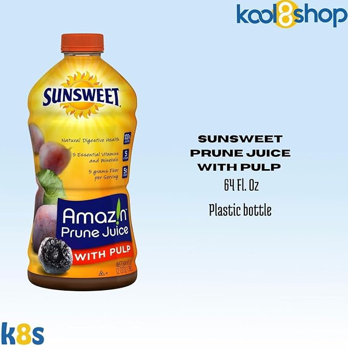 Sunsweet Amazin Prune with Pulp Juice 64 fl oz Plastic Bottles 4 Pack + 15 Sugarcane Disposable Straws by KOOL8SHOP Infinite Deals