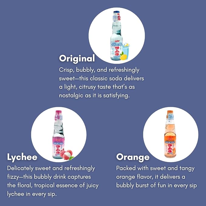 UNHA'S ASIAN SNACK BOX Ramune Japanese Marble Soda Variety Pack - Multiple Flavors - Original Strawberry Blueberry Melon Lychee and Orange Japanese Drink Gift Box (6 Count)