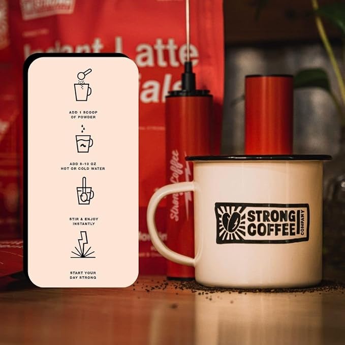Strong Coffee Co. Vanilla Instant Latte | Organic Coffee with 15g Collagen Protein | Lion’s Mane &amp L-Theanine | Nootropic Instant Coffee | 12 Serving