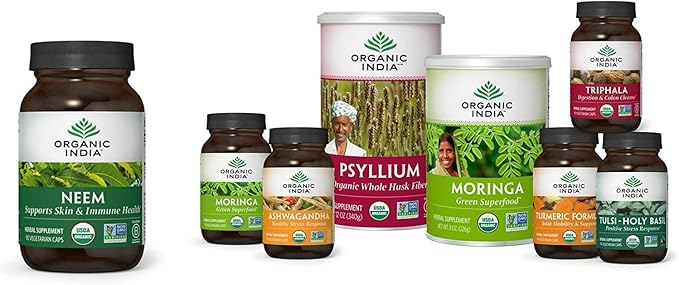 ORGANIC INDIA Neem Herbal Supplement - Supports Skin Immune &amp Liver Health Detox Healthy Inflammatory Response Vegan Gluten-Free USDA Certified Organic - 90 Capsules 2 Pack